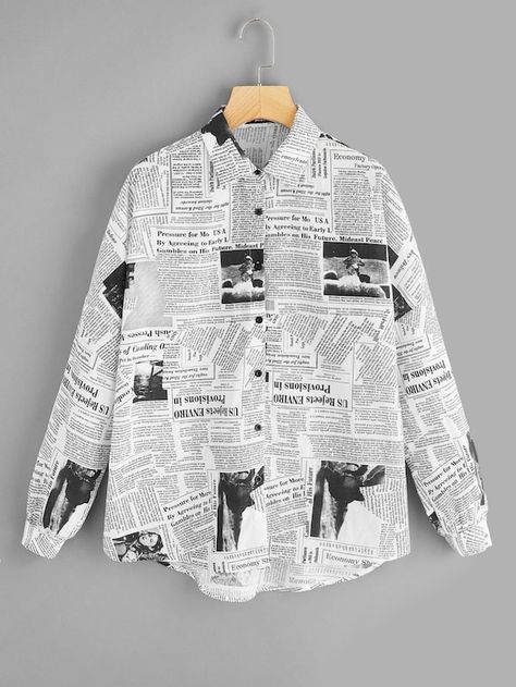 Newspaper Print Curved Hem Buttoned Shirt | SHEIN Newspaper Print Shirt, Newspaper Print, Buttoned Shirt, Newspaper Printing, Black And White Shirt, Black And White Style, Printed Bodycon Dress, Women Blouses, Print Bodysuit