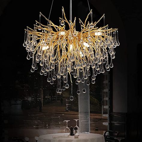 AmazonSmile: LIZZTREE D23.6 Modern Crystal Chandeliers for Dining Rooms, Round Gold Branch Raindrop Chandelier Light Fixture for Ceiling, Kitchen Island, Bedroom : Home & Kitchen Modern Crystal Chandeliers, Crystal Chandeliers For Living Room, Mid Century Light, Round Ceiling Light, Gold Branches, Led Crystal Chandelier, Round Pendant Light, Branch Chandelier, Crystal Chandelier Lighting