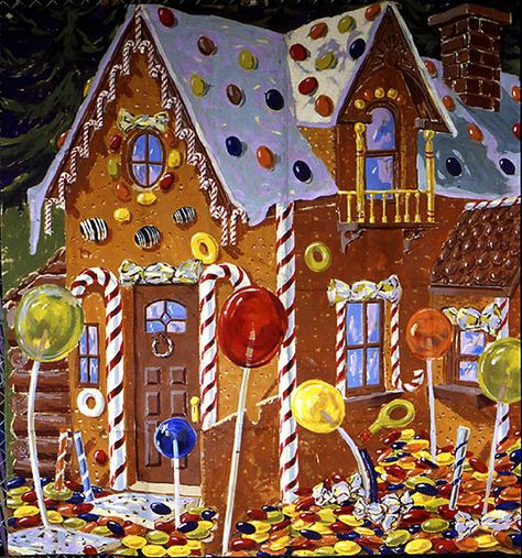 I love the color and lolly pops on this one.  See how the snow hangs off of the edge of the roof? Hansel And Gretel House, Candle Colors, House Candle, The Brothers Grimm, Hansel Gretel, Gingerbread House Designs, Cupcake Pictures, Hansel And Gretel, 동화 삽화