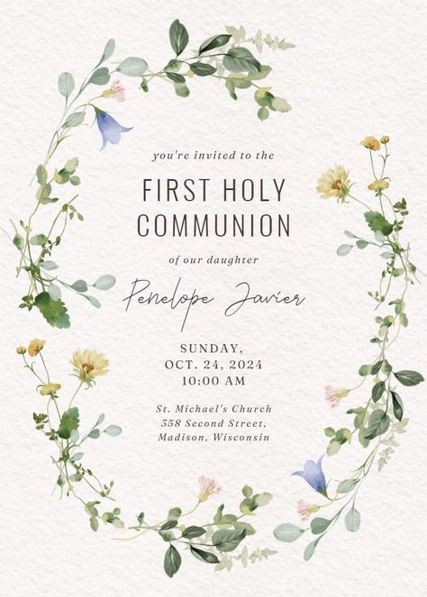 Border of blooms - first holy communion invitation  #invitations #printable #diy #template #communion Vintage Beach Photos, Butterfly Birthday Cards, Holy Communion Invitations, Teacher Appreciation Cards, First Communion Invitations, Greetings Island, Thanksgiving Invitation, Communion Invitations, Appreciation Cards