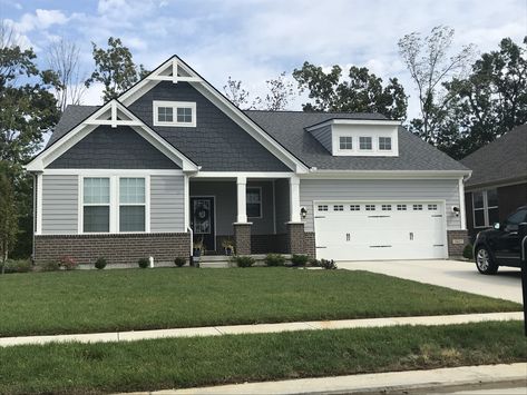 Gray exterior with brick Grey Siding, Gray Exterior, Grey Brick, Grey Exterior, Exterior Paint, House Colors, Light Grey, Shed, Siding