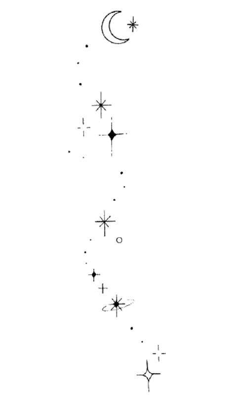 Star And Dots Tattoo, Moon And Stars Ankle Tattoo, Space Constellation Tattoo, Cascading Stars Tattoo, Celestial Tattoo Simple, Fine Line Solar System Tattoo, Sparkle Sleeve Tattoo, Filler Space Tattoo, Star Arm Tattoos For Women