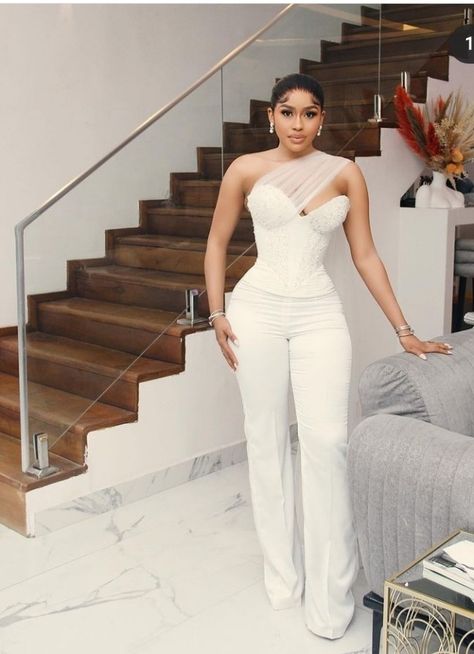 Dope Fashion Outfits, White Jumpsuit Wedding, All White Party Outfits, Aso Ebi Dresses, Black And White Jumpsuit, Extravagant Wedding Dresses, Wedding Dress Suit, Nigerian Lace Styles Dress, Classy Jumpsuit