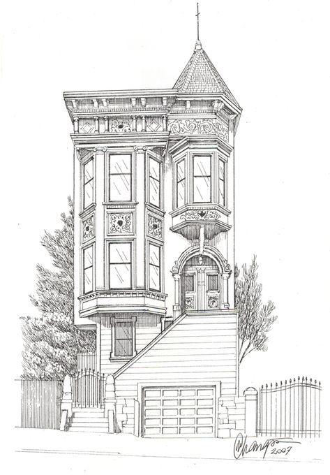 225 Laguna Street, San Francisco San Francisco Sketch, San Francisco Drawing, White House Drawing, Dining Area Design, Interior Architecture Drawing, Perspective Drawing Architecture, San Francisco Houses, House Sketch, Building Drawing