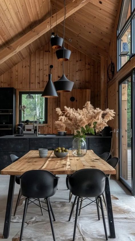 Cozy Elegance: 60 Scandinavian Cabin Interior Design You’ll Love – Decomagz Scandinavian Chalet Interior, Scandinavian Cabin Interior, Cabin Interior Ideas, Modern Cabin Interior, Scandinavian Cabin, Barndominium Interior, Cabin Interior Design, Black Farmhouse, Tiny House Loft