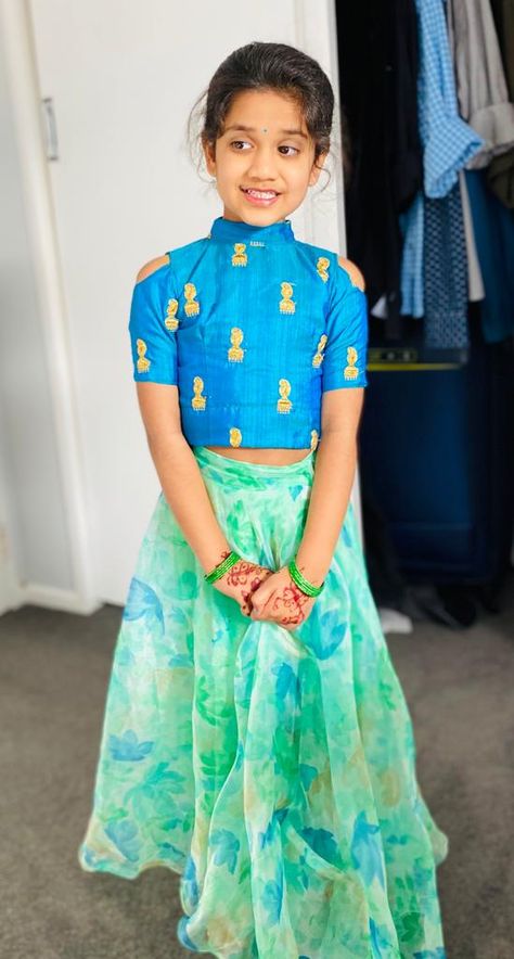 #Kids wear #croptop #coldshoulder #floral #lehenga Croptop Lehenga Designs For Kids, Lehenga Designs For Kids, Croptop Lehenga Designs, Stiched Dress, Paithani Lehenga, Lehengas For Kids, Baby Lehenga, Pavadai Sattai, Cotton Frocks For Kids