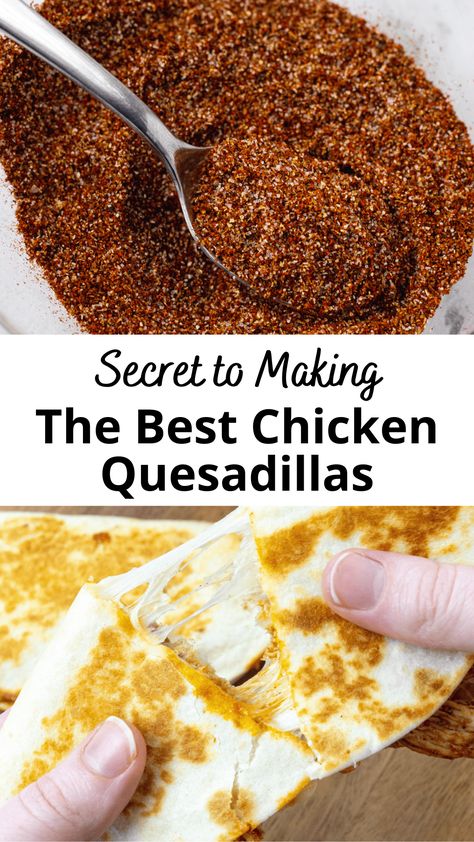 Make the best chicken quesadilla for dinner by adding this Quesadilla Seasoning to your shredded chicken or ground beef! It adds so much flavor and it’s so easy to do! Quesadilla Seasoning, Chicken Quesadilla Seasoning, Best Chicken Quesadillas, Grilled Chicken Quesadilla, Quick Mexican Recipes, Chicken Seasoning Recipes, Chicken Thigh Seasoning, How To Make Quesadillas, Chicken Taco Seasoning