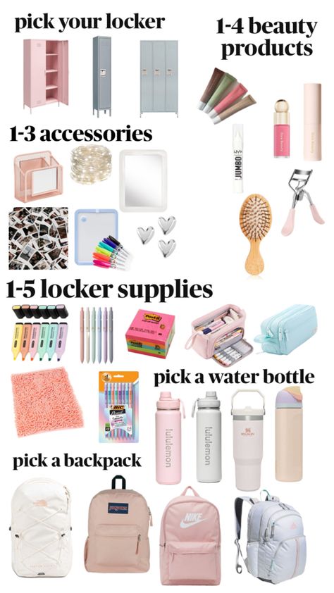 Pick out things to have in your locker!! 🤍😊 Tips For 6th Grade, School Locker Organization, School Locker Decorations, Road Trip Bag, School Backpack Essentials, Making A Gift Basket, Preppy School Supplies, School Routine For Teens, Locker Organization