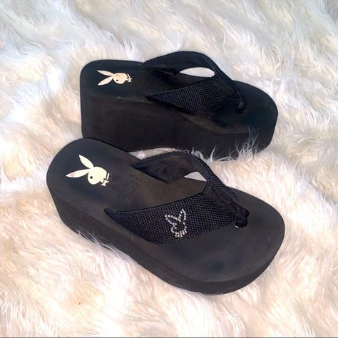 Vintage 90s Playboy Rhinestone Bunny Platform Black Foam Wedge Thong Sandals 2000s Chunky Sandals, 2000s Platform Shoes, Platform Slippers Outfit Y2k, Wedge Sandals Y2k, Black Y2k Shoes, Cute Y2k Shoes, Trashy Y2k Shoes, 2000’s Shoes, Platform Sandals Aesthetic