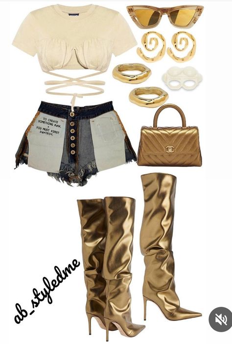 Gold Outfits For Black Women, Black And Gold Outfit Black Woman, White And Gold Outfits Black Women, Gold Boots Outfit Black Women, Gold Freaknik Outfit, Glamorous Gold Boots For Night Out, Gold Birthday Outfit Black Women, Gold Baddie Outfits, Gold Outfit Black Women