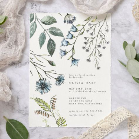 Elegant Boho Blue Green Wildflower Bridal Shower Invitation Template $2.93 by BohemianWoods Green Wildflower Wedding, Diy Signage, Slate Blue Wedding, Wedding Rehearsal Invitations, Wildflower Bridal Shower, Rehearsal Invitations, Elegant Decorations, Wildflower Wedding Invitations, Idea For Wedding