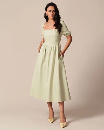 Women's Clothing: Shop the Latest Trends & Fashion | RIHOAS Midi Graduation Dress Classy, Cocktail Dress Midsize, Light Green Dresses, Sage Midi Dress, Light Green Dress, Short Sleeve Midi Dress, Green Square, Green Dresses, Square Neck Dress