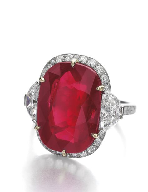 Important ruby and diamond ring The cushion-shaped ruby weighing 14.45 carats, mounted within a surround of demi-lune and brilliant-cut diamonds, the shoulders similarly set, size 52. Minimal Diamond Ring, Stylish Engagement Rings, Burmese Ruby, Ruby And Diamond Ring, Ring Cushion, Top 10 Engagement Rings, Rose Bonbon, Chevron Ring, Ruby Jewelry