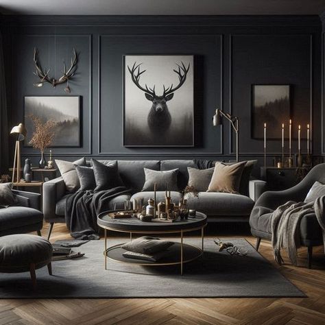 Dark Living Room Black Snug Room, Black Ceiling Dark Walls, Dark Den Ideas, Black Bonus Room, Dark Wall Interior, Tv Room Dark Walls, Media Wall Dark, Dark Wall Color Ideas, Living Room Snug Ideas