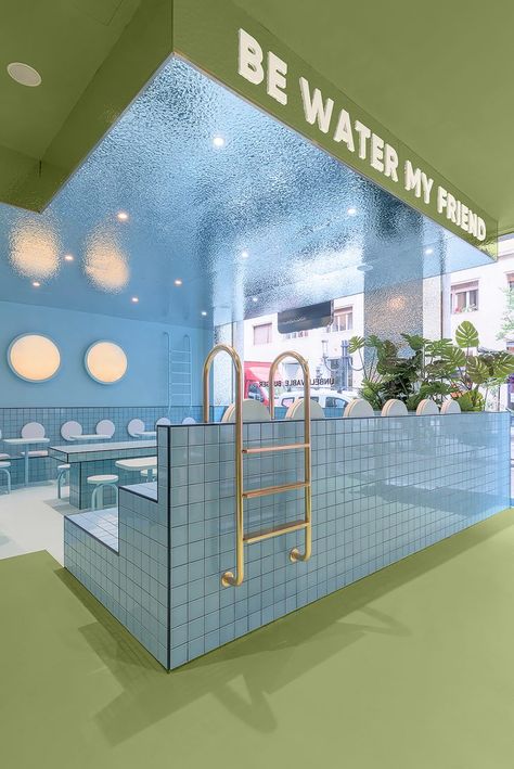 Water Shop Interior Design, Studio Store Design, Swimming Pool Interior, Water Restaurant, Pizza Business, Water Bar, Hamburger Restaurant, Les Benjamins, Kentish Town