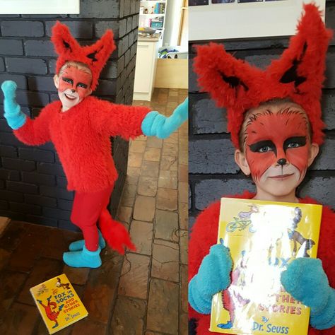 Fox's in socks costume for book week 2016! Fox In Socks Costume Diy, Fox In Sox Costume, Fox In Socks Costume, Dr Seuss Diy Costumes, Bookweek Costumes, Dr. Seuss Costumes, Easy Book Week Costumes, Seuss Costumes, Vocabulary Parade