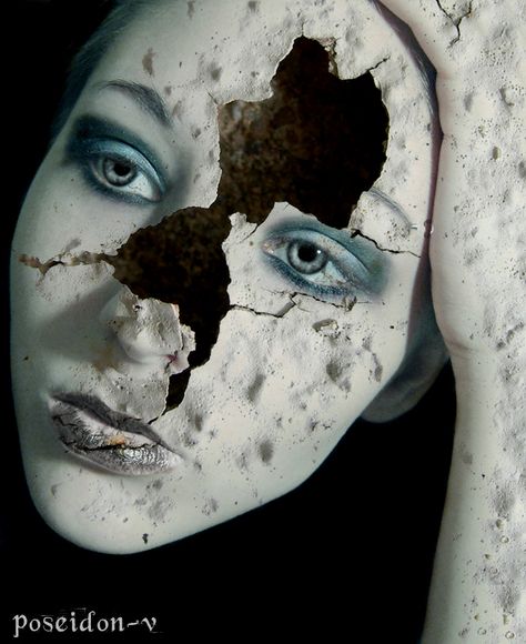 Cracked Mask of the Sadness by ~poseidon-v on deviantART Cracked Face Reference, Cracked Doll Reference, Face Cracking Art, Broken Face Reference, Cracked Doll Aesthetic, Cracked Doll Face, Broken Statue Face, Cracks Aesthetic, Cracked Statue