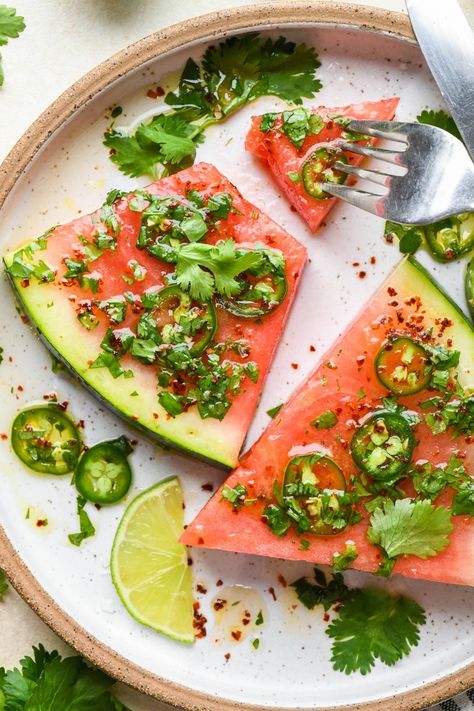 This spicy watermelon salad with cilantro and lime is a real crowd-pleasing delight during the warm summer months! It’s spicy, sweet, and draped in a bright and citrusy dressing for the ultimate watermelon salad experience. Refreshing and FULL of summer flavor! GF, dairy free, vegetarian, paleo, vegan option, Whole30 option. The best spicy watermelon salad… Spicy Watermelon, Paleo Vegetarian, Yummy Salads, Watermelon Salad, Summer Eating, Watermelon Recipes, Paleo Vegan, Vegetarian Paleo, Summer Food