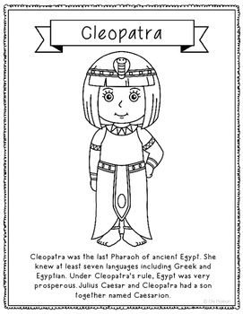 Cleopatra Coloring Page Craft or Poster with Mini Biograph Cleopatra Poster Project, Cleopatra Cartoon, Homeschool Curriculum Preschool, Helen Keller Biography Project, Harriet Tubman Coloring Page, Ancient Egypt 1st Grade, Egypt Lessons, Egypt Activities, Curriculum Preschool