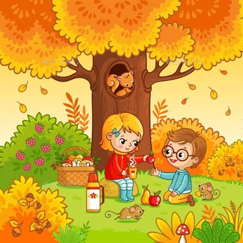 Picnic in the Forest with Children #Picnic, #Forest, #Children Cute Designs To Draw, Picture Composition, Summer Illustration, Art Drawings For Kids, Autumn Activities, In The Forest, Book Illustration, Drawing For Kids, The Forest