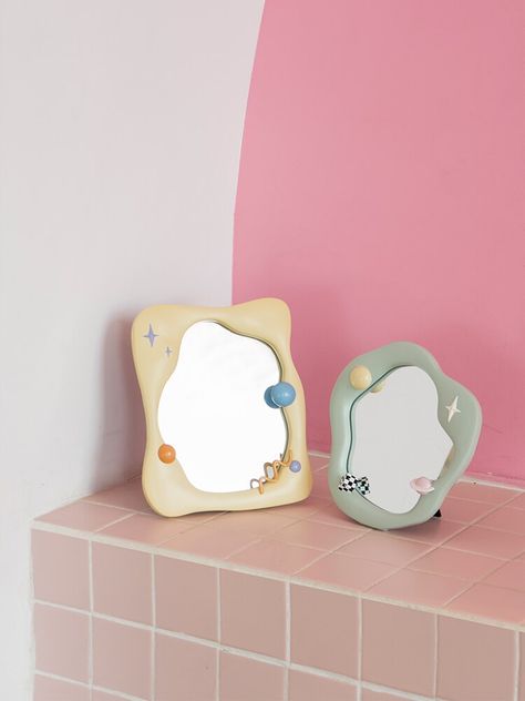 Material: Glass, Resin Size: 29*24.5cm Mini Mirror Aesthetic, Mini Mirror Wall Decor, Groovy Mirror, Cute Small Mirror, Fun Mirrors, Cute Mirrors, Mini Mirrors, Cute Mirror, Mirror Aesthetic