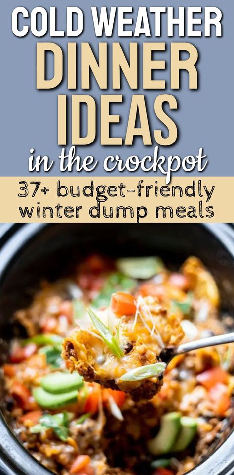 Cold Weather Dinner Ideas in the Crockpot - 37+ budget-friendly winter dump meals to feed a family cheap when on a budget with weekly meal planning. Serious comfort food and simple crock pot family meals to dump and go! Cold Weather Recipes Crock Pot, Crockpot Meals For Cold Weather, Quick Cold Weather Dinner Ideas, Dinners For Cold Weather Meals, Crock Pot Family Meals, Cold Weather Dinner Ideas Crockpot, Cheap Winter Meals, Cold Weather Meals Dinners, Crockpot Meals On A Budget