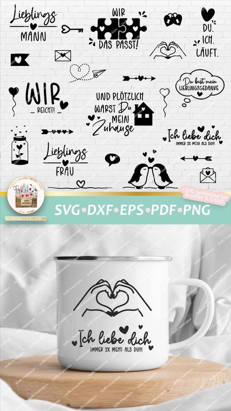 Banner mit 24 digitalen Illustrationen, als Bundle, von deutschen Sprüchen als Schriftzügen mit passenden niedlichen Motiven zum Thema Liebe und Valentinstag, in den Dateiformaten Cricut SVG, PNG, DXF, EPS und PDF, die sich als Plotterdateien, Schnittdateien, Clipart, Digistamps und zur Sublimation eignen. Silhouette Cameo Freebies, Cozy Living Room Decor Ideas, Cozy Living Room Decor, Freebie Svg, Disney Free, Digi Stamp, Home Decorating Ideas, Graphic Design Projects, Best Graphics