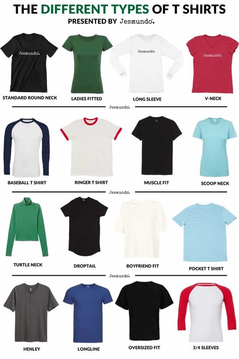 different types of t-shirts Tshirt Color Ideas, Types Of Shirts For Women With Names, Types Of Tshirt Women, Different Types Of Shirts Men, Shirt Types Chart, T Shirt Names Ideas, Types Of T Shirts For Women, Types Of T Shirts Men, Types Of Colors Names