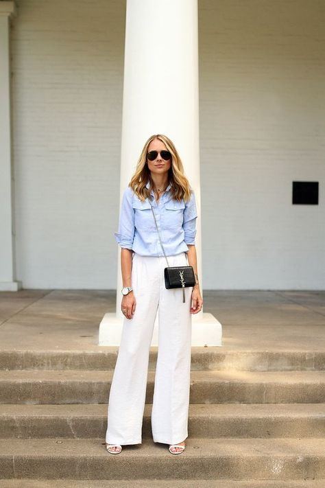 Ladies, if you haven't already purchased a pair of wide-leg pants, you need to. Stop fearing this look! This is how to wear it and wear it well. Blue Shirt White Pants Outfit, Wide White Pants Outfit, White Formal Pants Outfit, Blue Wide Leg Pants Outfit, Wide Leg Linen Pants Outfit, How To Wear Linen Pants, White Wide Leg Pants Outfit, Wide Leg Pants Outfit Summer, White Pants Outfit Summer