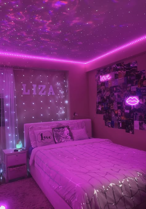 Neon Room Ideas Bedrooms, Cloudy Ceiling With Led Lights, Ideas Para Decorar Cuartos Juveniles, Shared Bedroom Aesthetic, Lights For Room, Led Lights Bedroom Ceiling, Led Bedroom, Dorm Room Lights, Pink Dorm Rooms