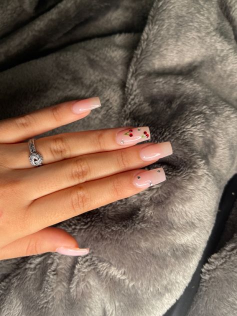 Cherry nails with gem stone acrylics square shaped very classy and simple nails Gem Acrylic Nails, Nails With Rhinestones Simple, Simple Rhinestone Nails Designs, Cherry Acrylic Nails, Acrylic Nails With Rhinestones, Nails With Rhinestones, Nails Classic, Cherry Nails, One Color Nails