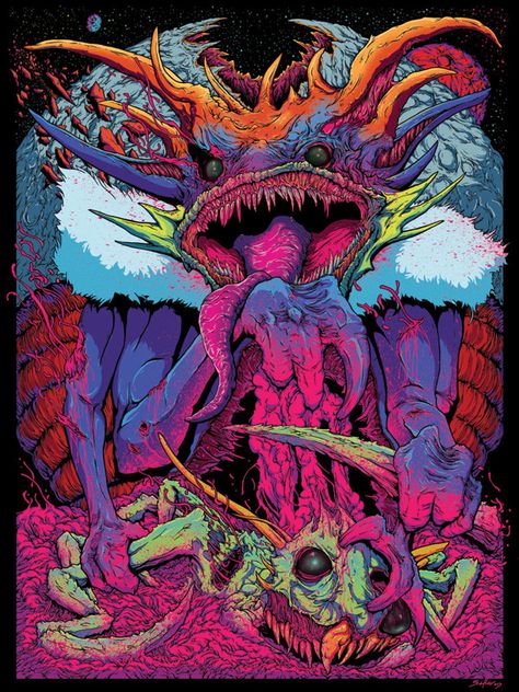 Cosmic Monsters by Brock Hofer, via Behance Hyper Beast Wallpaper, Blacklight Art, Hyper Beast, Acid Art, Beast Wallpaper, Real Monsters, Monster Illustration, Creepy Art, Trippy Art