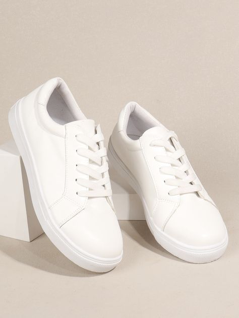 Minimalist Lace-up Front Skate Shoes Cheap White Shoes, Simple White Shoes, White Shoes For School, Basic White Shoes, Basic Shoes For Women, White Shoes Aesthetic, Basic White Sneakers, School Shoes White, Cute Shoes For Teen Girls