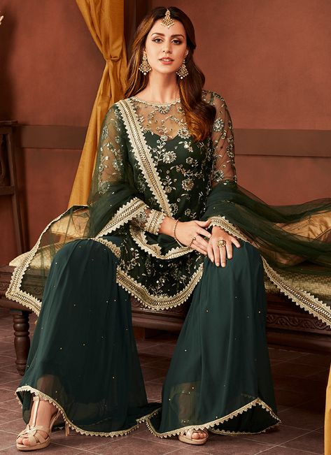 Emerald Green and Gold Gharara Suit– Lashkaraa Gold Gharara, Green Dress Wedding, Gharara Dress, Designer Gharara, Green Sharara, Designer Sharara Suits, Dress Sharara, Sharara Dress, Designer Sharara