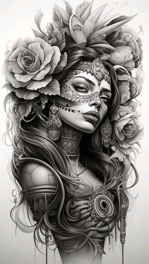 Face Women Tattoo, Faces Tattoo Design, Women Leg Sleeve Tattoo, Women Leg Sleeve Tattoo Ideas, Beautiful Spine Tattoos, Expressions Art, Aztec Warrior Tattoo, Art In Bloom, Female Warrior Tattoo