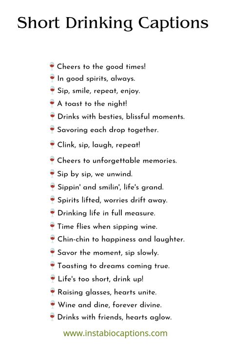 Raise your glasses and share the laughter with these short and fun drinking captions with friends! Cheers to unforgettable moments, good company, and great memories. 🍻 #DrinksWithFriends #Cheers #SipSipHooray Cheers Birthday Quotes, Captions For Drinks Instagram, Cheers Quotes Instagram, Shots Captions Instagram, Summer Drinks Quotes, Fun Night With Friends Caption, Mocktails Captions Instagram, Great Day Captions, Oktoberfest Captions Instagram