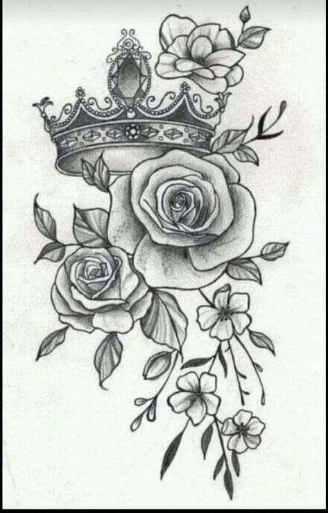 Queen Crown With Flowers Tattoo, Violets Tattoo Design, Crown And Flower Tattoo, Crown With Flowers Tattoo, Crown Tattoos For Women, Tattoos Sketches, Half Sleeve Tattoos Sketches, Half Sleeve Tattoo Stencils, Violet Tattoo