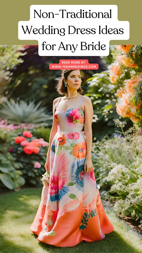 A bride wearing a colorful, non-traditional wedding dress, standing in a garden. Non Traditional Beach Wedding Dress, Alternative Wedding Dress Color Offbeat Bride, Unconventional Wedding Dress Color, Alternative Wedding Dress Color, Wedding Dresses For Older Brides, Groom Makeup, Unusual Outfits, Nontraditional Wedding Dress, Dress Bridesmaids