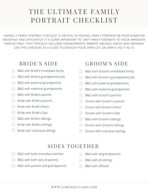 THE WEDDING DAY FAMILY PORTRAIT TIPS & CHECKLIST - lorenbullard.com Family List For Wedding Photos, Wedding Portrait List For Photographer, Wedding Photo List For Photographer Families, Wedding Picture List Family, Wedding Photography List Family, Wedding Photo Set List, List Of Family Photos For Wedding, Wedding Duties For Family, Important Wedding Photos Checklist