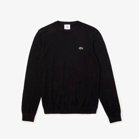 Lacoste-Lacoste - Black Cotton and Cashmere Live Crew Neck Sweater - black | Cotton / Cashmere | xl - Black/Black Lacoste Sweater, Heritage Brands, Sweater Black, Cotton Sweater, Black Sweaters, Black Hoodie, Crew Neck Sweater, Black Cotton, Wardrobe Staples