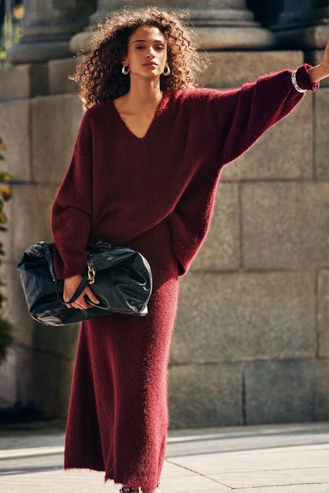 24 Seasonal Hits At Next | SheerLuxe Knitted Maxi Skirt, Knit Maxi Skirt, Denim Trends, Chunky Knitwear, Formal Shirts For Men, Red Burgundy, Newborn Dresses, Party Tops, Sweaters And Jeans