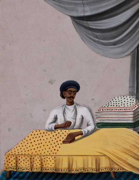 A man block printing on textiles. Gouache painting on mica by an Indian artist. | Wellcome Collection India Textiles, Colonial Art, Block Printed Textiles, Wellcome Collection, Indian Patterns, Indian Artist, Brown Art, Indian Textiles, Indian Art Paintings