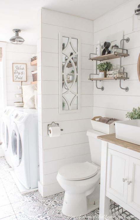 Beautiful Powder Room Reveal with white shiplap accent walls, painted concrete floor tiles, open wood shelves and lots of modern farmhouse decor ideas. Mud Room Laundry Bathroom Combo, Laundry And Toilet Combo, Small Bathroom Laundry Combo Floor Plans, Bath Laundry Combo Layout, Laundry Toilet Combo, Laundry Room With Bathroom, Laundry Bathroom Combo Layout, Bathroom Laundry Combo, Bath Laundry Combo