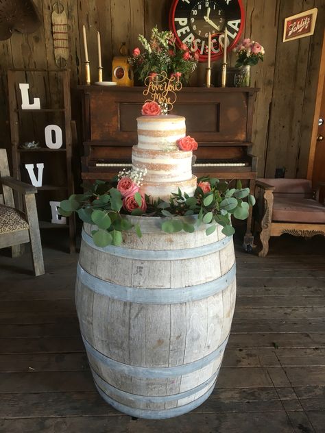 SLO 10.08.16 wedding cake ❤️ Cake Station, Wedding Cocktail Tables, Barrel Cake, Tropical Birthday Party, Quince Decorations, Wedding Renewal Vows, 50 Birthday, Wedding Ceremony Arch, Cowboy Wedding