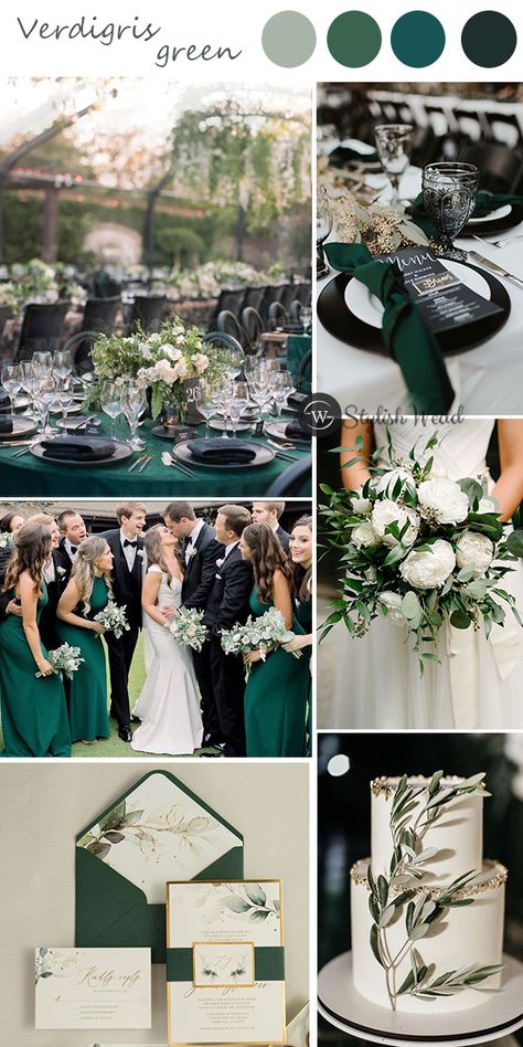 Jade Green Wedding Theme, October Wedding Colors Schemes, Emerald Green Wedding Ideas, Green Fall Weddings, Emerald Wedding Colors, Hunter Green Wedding, Black Wedding Invitation, Spring Wedding Color Palette, Jade Wedding