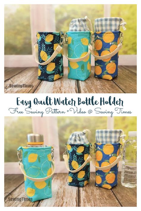 Easy Quilt Water Bottle Holder Free Sewing Pattern+Video Koozie Pattern, Easy Sewing Patterns Free, Fabric Art Diy, Sewing Tutorials Bags, Bottle Koozies, Bottle Cozies, Water Bottle Carrier, Fabric Sewing Patterns, Easy Quilt