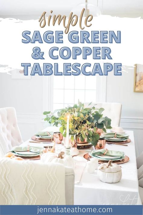 This fall tablescape is elegant, but so simple to put together. The sage green and copoper colors look beautiful for fall and beyond. You can put this look together in less than 10 minutes! Copper Tablescape, Kitchen Fall Decorating Ideas, Bedroom Fall Decor, Fall Table Setting, Mums In Pumpkins, Copper Fall, Copper Canisters, Green And Copper, Green Dining Room