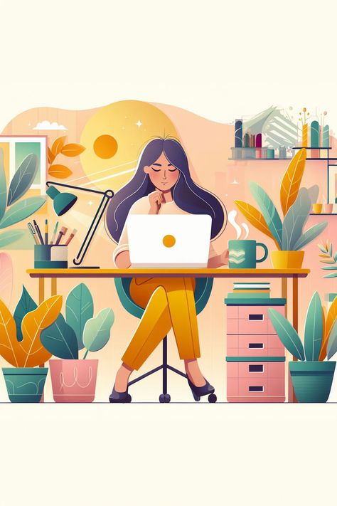 Cute woman working at a desk at home with coffee -colorful illustration. Concept illustration for working, freelancing, studying, education, and working from home.  #illustration #wprime #wprimewebagency #webdesign Working From Home Illustration, Corporate Memphis, Career Illustration, Working Illustration, Islamic Illustration, Office Illustration, People Background, Desk At Home, Work Illustration