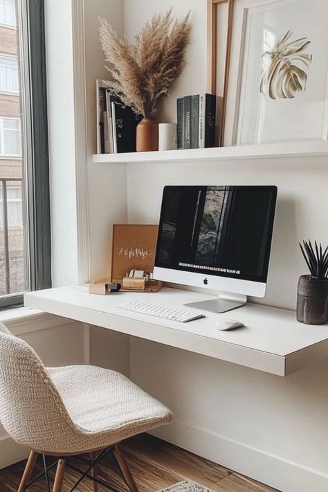 Save space with a DIY floating desk for small workspaces. Perfect for productivity without the clutter. #DIYDesk #SmallSpaceSolutions #HomeOffice Diy Floating Desk, Small Workspace, Floating Desk, Small Space Solutions, Diy Desk, Office Inspiration, Floor Space, Space Saving, The Wall