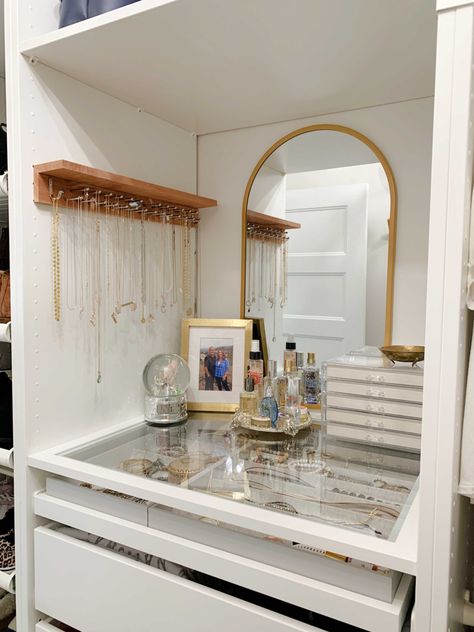 Walk In Closet Ideas Jewelry Organization, Pax Closet Ideas Small Spaces, Pax Makeup Vanity, Jewelry In Closet Ideas, Jewelry Storage In Closet Walk In, Master Closet Jewelry Organization, Jewelry Closet Ideas, Walk In Closet Styling, Wardrobe With Jewelry Storage